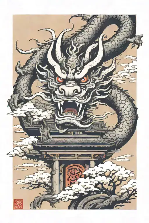Japanese dragon flying through Japanese Tori gate with the head of the dragon trying to eat an oni mask  tattoo design idea