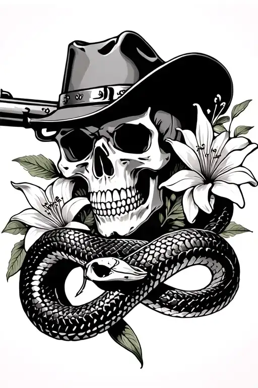 cowboy skull with gun shooting, rattle snake wrapped, lily flowers tattoo design idea