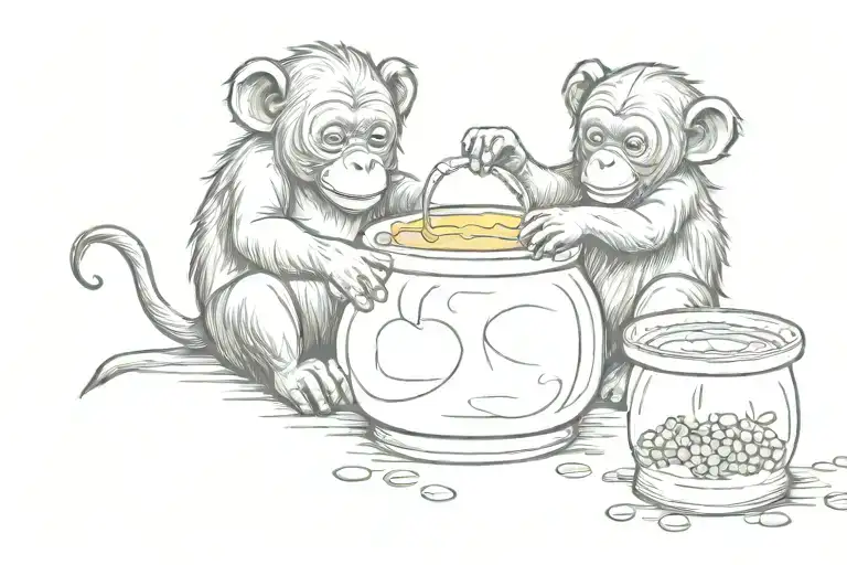 bonobo baby and bear cub sharing honey out of same pot.. drip...paws..vectored tattoo design idea