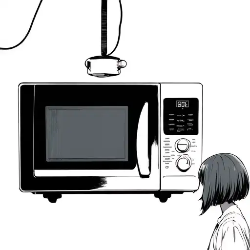 a white microwave hanging sideways from the ceiling by its wire and a girl with short hair looking at it from afar tattoo design idea