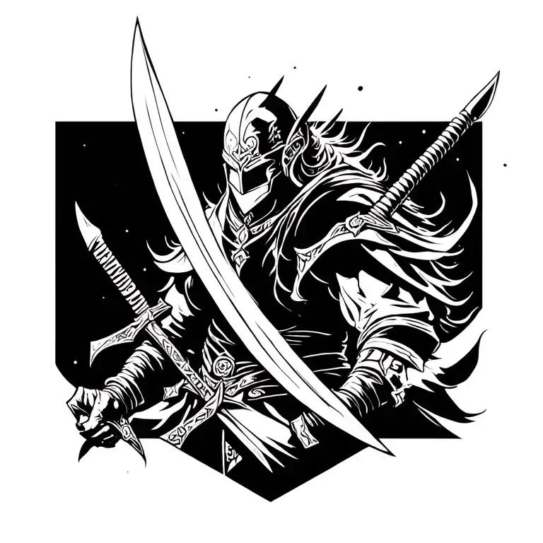 warrior with two swords down tattoo design idea