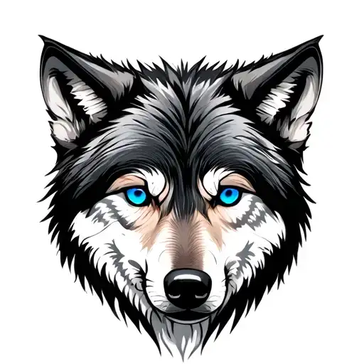 black and gray wolf with blue eyes tattoo design idea