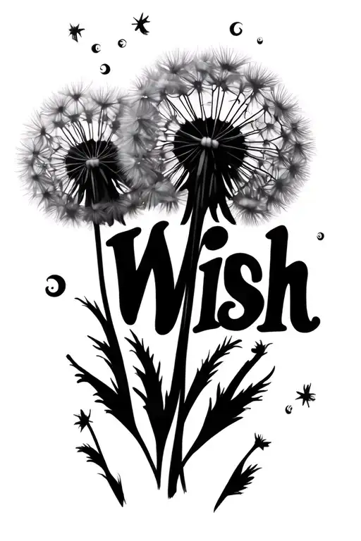 dandelion blowing peace signs floating and stem shaped into the word Wish tattoo design idea
