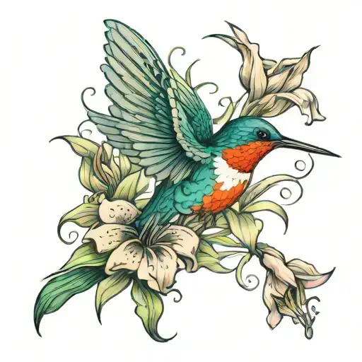 humming bird with daylilies tattoo design idea