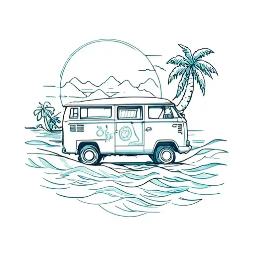 wave, sun, palm tree, combi van fineline tattoo design idea