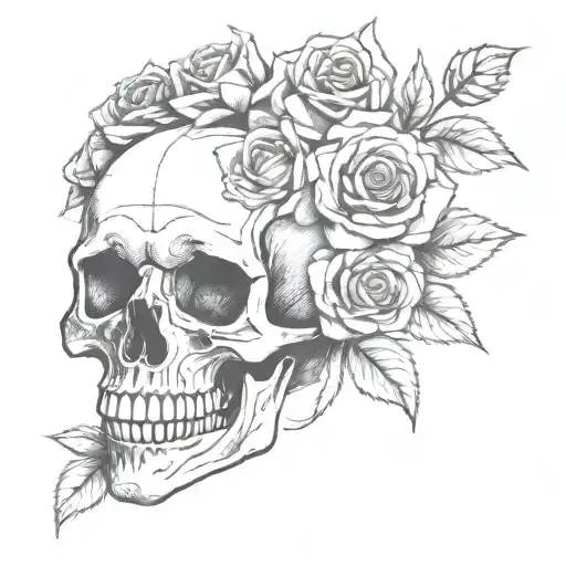 fine line skull and roses simple tattoo design idea