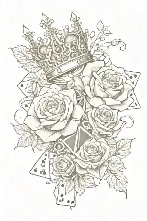 king and queen crowns, roses, cards, dice intertwined tattoo design idea