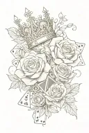 king and queen crowns, roses, cards, dice intertwined tattoo design idea