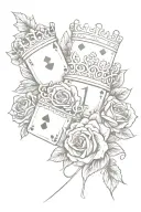 king and queen crowns, roses, cards, dice intertwined tattoo design idea