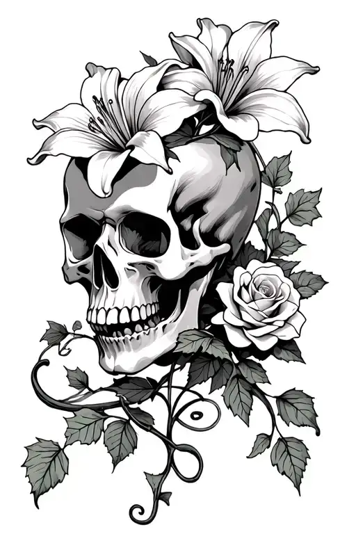 A skull with a lily flower and a rose flower being held in its mouth and some ivy vine wrapping around it tattoo design idea