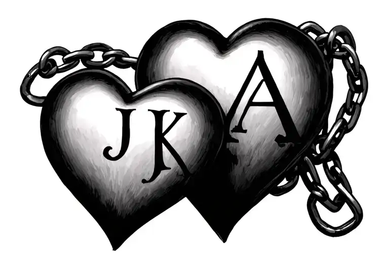 I want 3 interlocked hearts in a chain type of connection with the 3 initials, which are J, K and A, in a fine line styl tattoo design idea