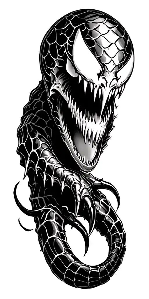 design me a tattoo of venom type web on the elbow and a venom head coming out of it or being below it  tattoo design idea