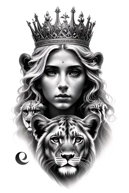 black & grey realism- beautiful greek goddess with light color hair, wearing crown, 2 lion cubs and moon tattoo design idea