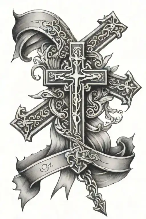 Realistic 3d cross with banner wrapped around it  tattoo design idea