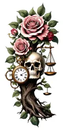 family tree, rose intertwined, evil eye, skull, scales, truth, pocket watch, hour glass tattoo design idea