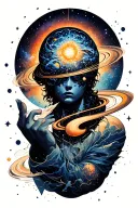 Galaxy space with stars and planets with a breaking figurehead  facing forward exposing a mind and orbit rings with hand tattoo design idea