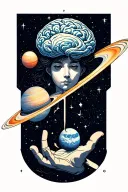 Galaxy space with stars and planets with a breaking figurehead  facing forward exposing a mind and orbit rings with hand tattoo design idea