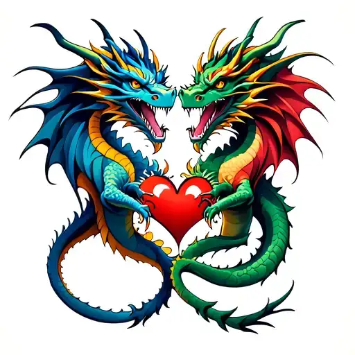 two dragons intertwined hearts tattoo design idea