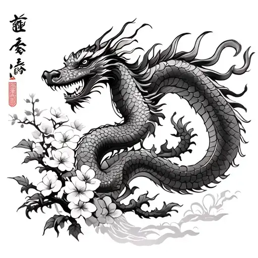 Chinese New Year Dragon with Buddism Peace Sign and Cherry Blossom in the background tattoo design idea
