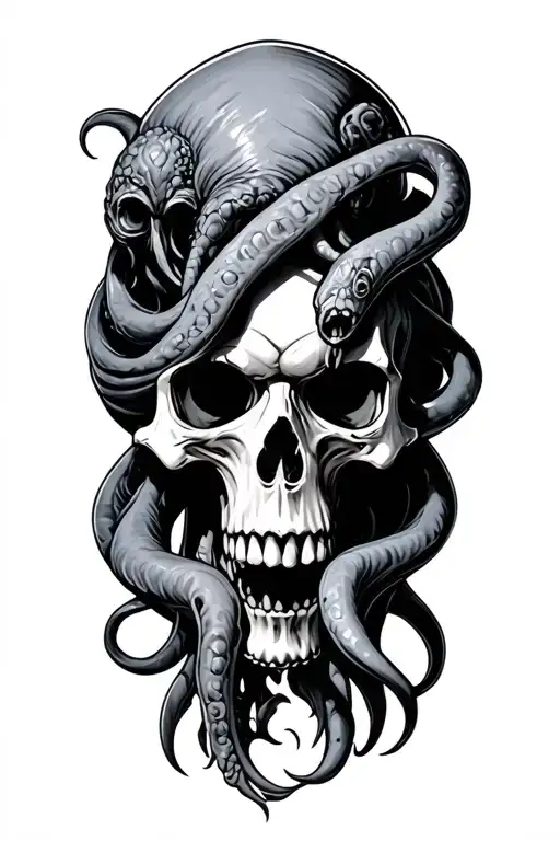 cthulhu wrapped around skull surrounded tattoo design idea