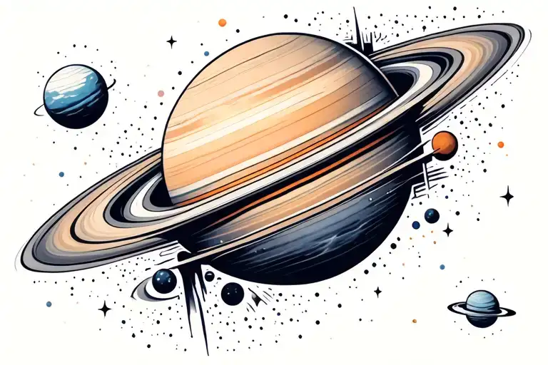 Saturn in space with Uranus surrounded by space and tiny dotted stars tattoo design idea
