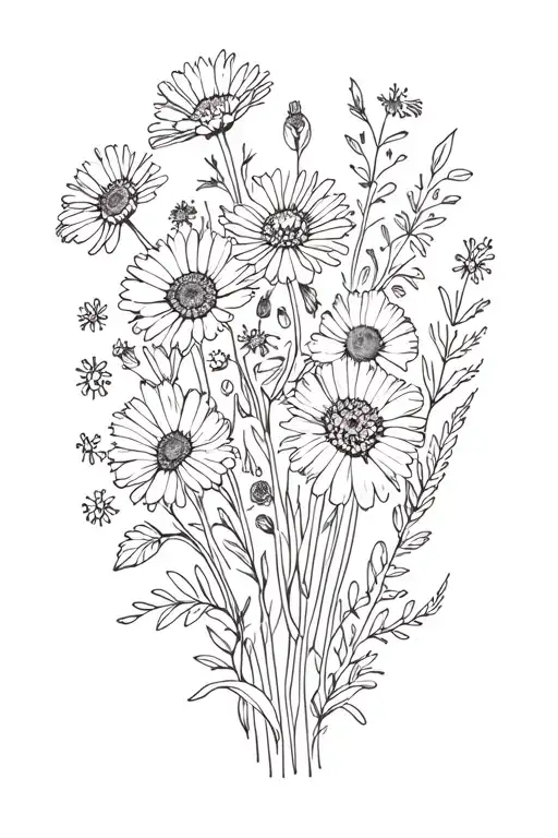 A bouquet of field flowers, with calendula, poppies, daisies, aromatic herbs and cornflowers. On one leg. tattoo design idea