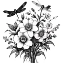 A beautiful composition of larkspur, daffodils, poppy, and hawthorn intertwined with dragonflies tattoo design idea