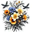 A beautiful composition of larkspur, daffodils, poppy, and hawthorn intertwined with dragonflies tattoo design idea