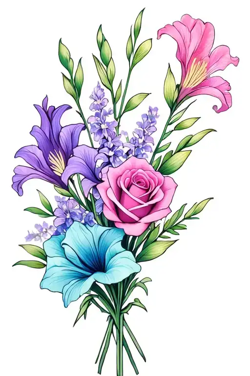 gladiolus, jonquil, lilac rose, sweet pea birth flower bouquet. I like colors: blues, pinks, purples, cyan tattoo design idea