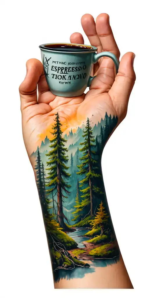 left arm sleeve tattoo PNW misty forest tranforming into adhd words espresso cup on hand tattoo design idea