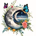 Down the spine showing the phases of the moon combined with butterflies, different flowers, nature, and the universe. tattoo design idea