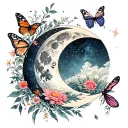 Down the spine showing the phases of the moon combined with butterflies, different flowers, nature, and the universe. tattoo design idea