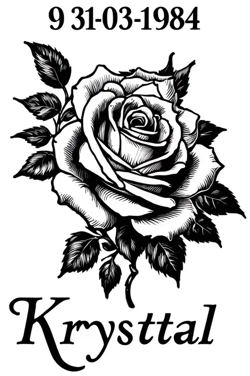 Krystal name in cursive with Roman numerals of the birthday 03-03-1984 with rose tattoo design idea