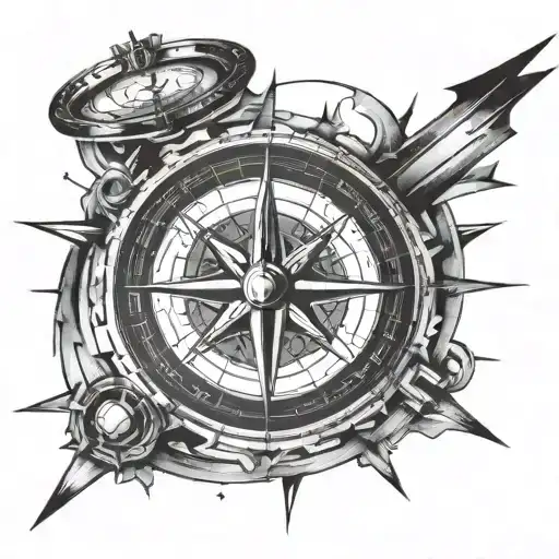 VERY minimalist compass tattoo with edgy, CHAOTIC design. The lines are bold and aggressive  and thin arrows tattoo design idea