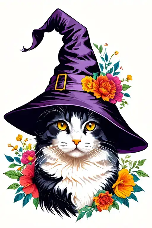 Cat wearing witches hat surrounded by flowers tattoo design idea