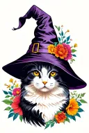 Cat wearing witches hat surrounded by flowers tattoo design idea