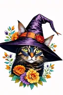 Cat wearing witches hat surrounded by flowers tattoo design idea
