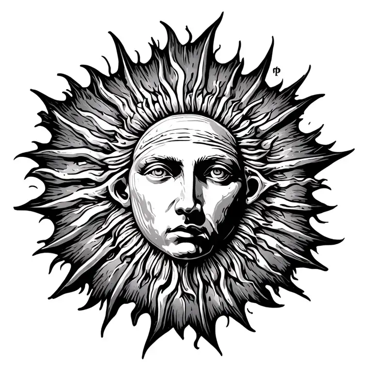 Sun. Rays extending from shoulder to shoulder. Wider than long, no face. Roman inscriptions underneath. tattoo design idea