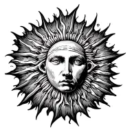 Sun. Rays extending from shoulder to shoulder. Wider than long, no face. Roman inscriptions underneath. tattoo design idea