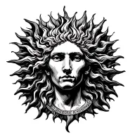 Sun. Rays extending from shoulder to shoulder. Wider than long, no face. Roman inscriptions underneath. tattoo design idea