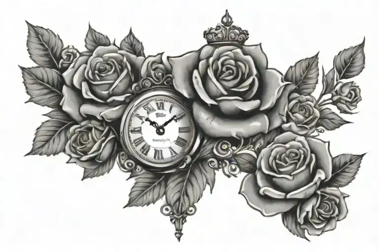 Name Evelyn Crown on the E and roses and clock tattoo design idea