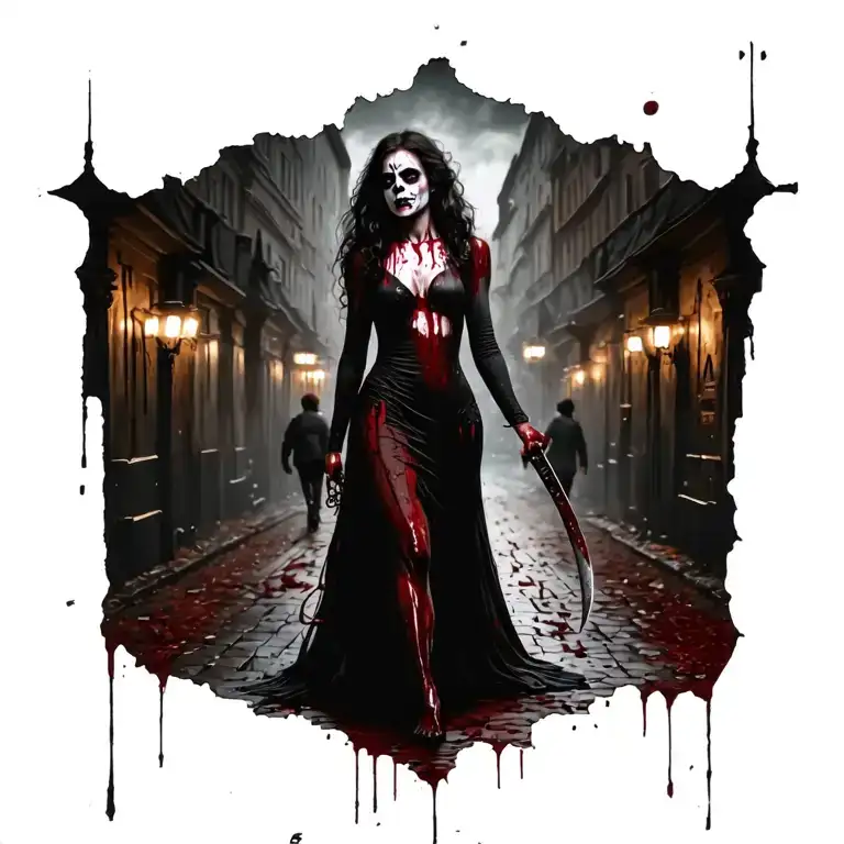 woman bloody knife full body people jack the ripper walking away  tattoo design idea