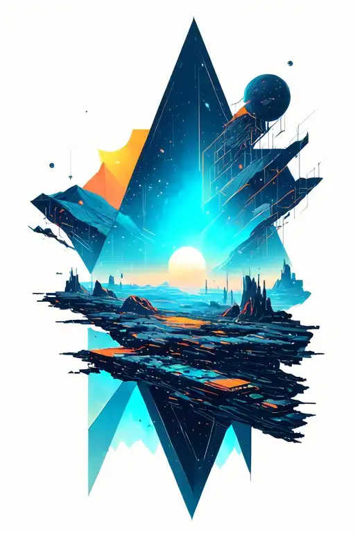 A geometric space landscape inspired by technology incorporating a small amount of cyan tattoo design idea