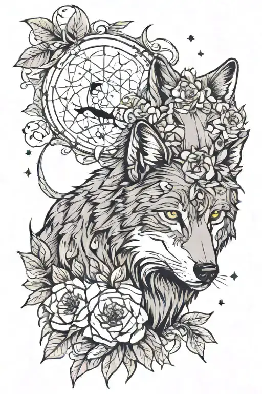 Wolf and gardenia bush with fireflies tattoo design idea