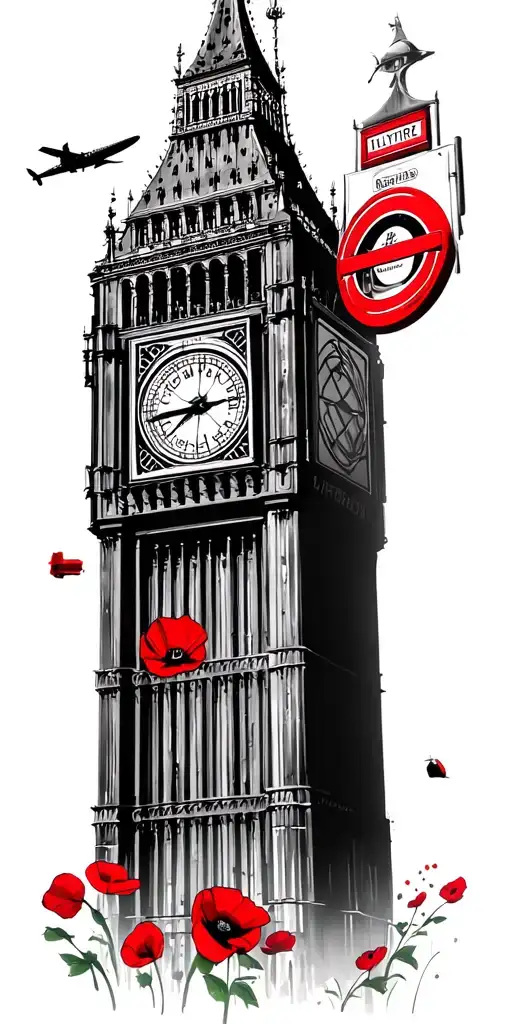 big ben tower bridge spitfire plane, red postbox, red telephone box, red london bus, london underground sign and a poppy tattoo design idea