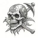 sloth skeleton head with a tomahawk behind it.  tattoo design idea
