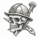 sloth skeleton head with a tomahawk behind it.  tattoo design idea