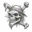 sloth skeleton head with a tomahawk behind it.  tattoo design idea