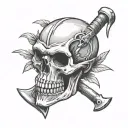 sloth skeleton head with a tomahawk behind it.  tattoo design idea