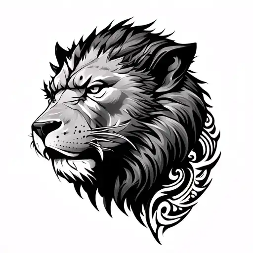 löwe in hd 4k sharp mechanical, chest to upperarm, maori and electrical cable tattoo design idea